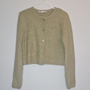 Zara Women's Beige Alpaca Blend Button Up Crop Cardigan Sweater Sz S